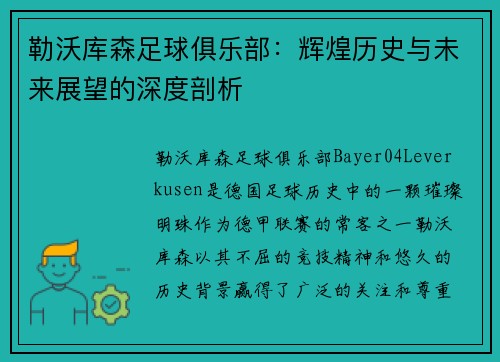 勒沃库森足球俱乐部：辉煌历史与未来展望的深度剖析